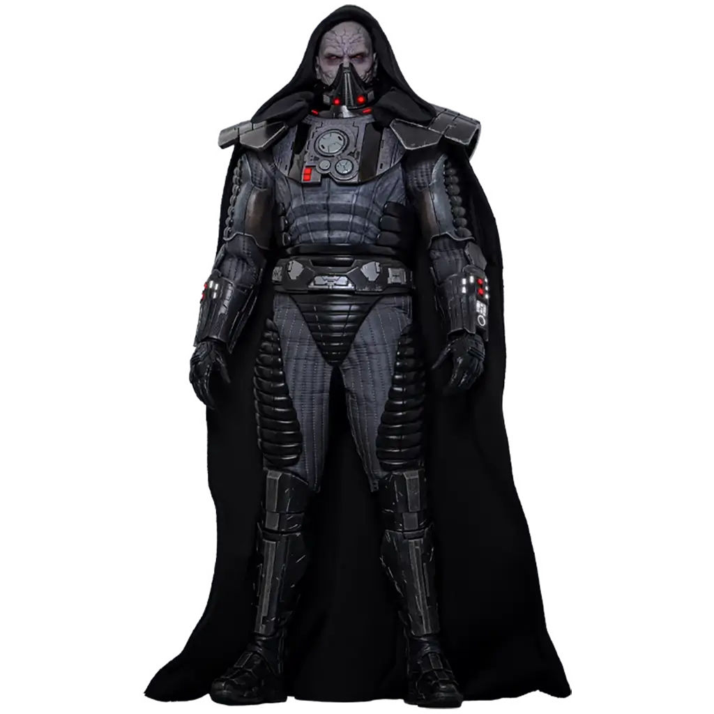 Hot Toys Darth Malgus figure in black textured armor and flowing fabric cape, with gray scarred head, respirator mask, red LED details, and full-body display on white.