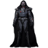 Hot Toys Darth Malgus figure in black textured armor and flowing fabric cape, with gray scarred head, respirator mask, red LED details, and full-body display on white.