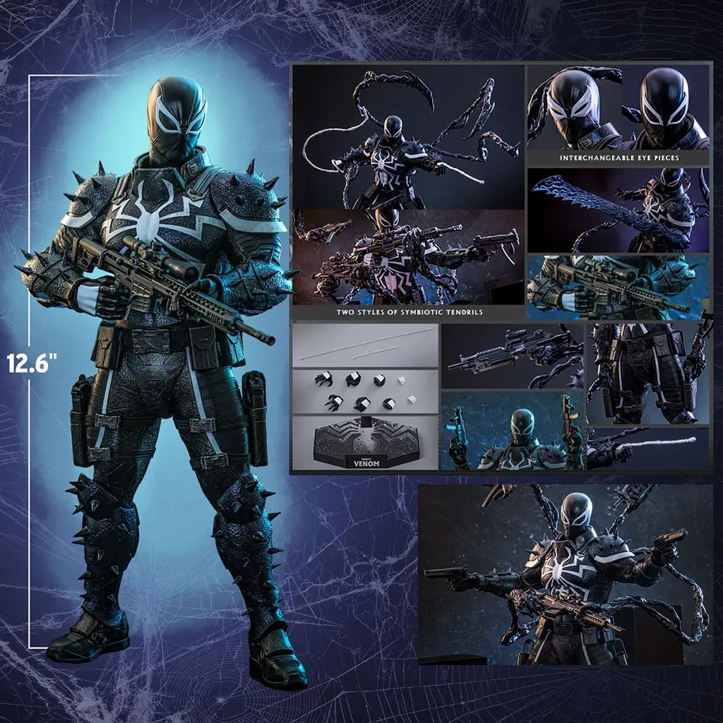 Hot Toys Agent Venom sixth scale figure in black textured armor with white spider emblem, shown with 12.6-inch height, tendrils, weapons, eye pieces, and accessories.