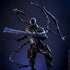 Hot Toys Agent Venom figure in black textured armor with white spider emblem, wielding a symbiote blade as glossy tendrils spread across a dark blue backdrop.