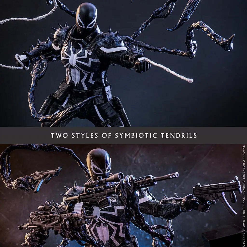 Hot Toys Agent Venom figure in black textured armor with white spider emblem, demonstrating two symbiotic tendril styles for web effects and weapon handling on a dark backdrop.