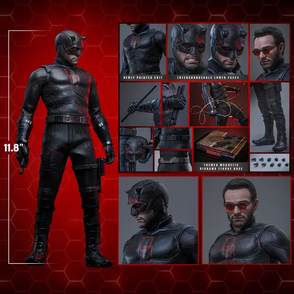 Hot Toys Marvel sixth-scale figure feature chart on a red hexagon background shows an 11.8-inch black armored figure, alternate faces, batons, hands, boots and display base.