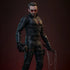Hot Toys Marvel sixth-scale figure in black textured fabric and armor with red accents, tinted glasses, utility belt and batons, posed against a dark red backdrop.