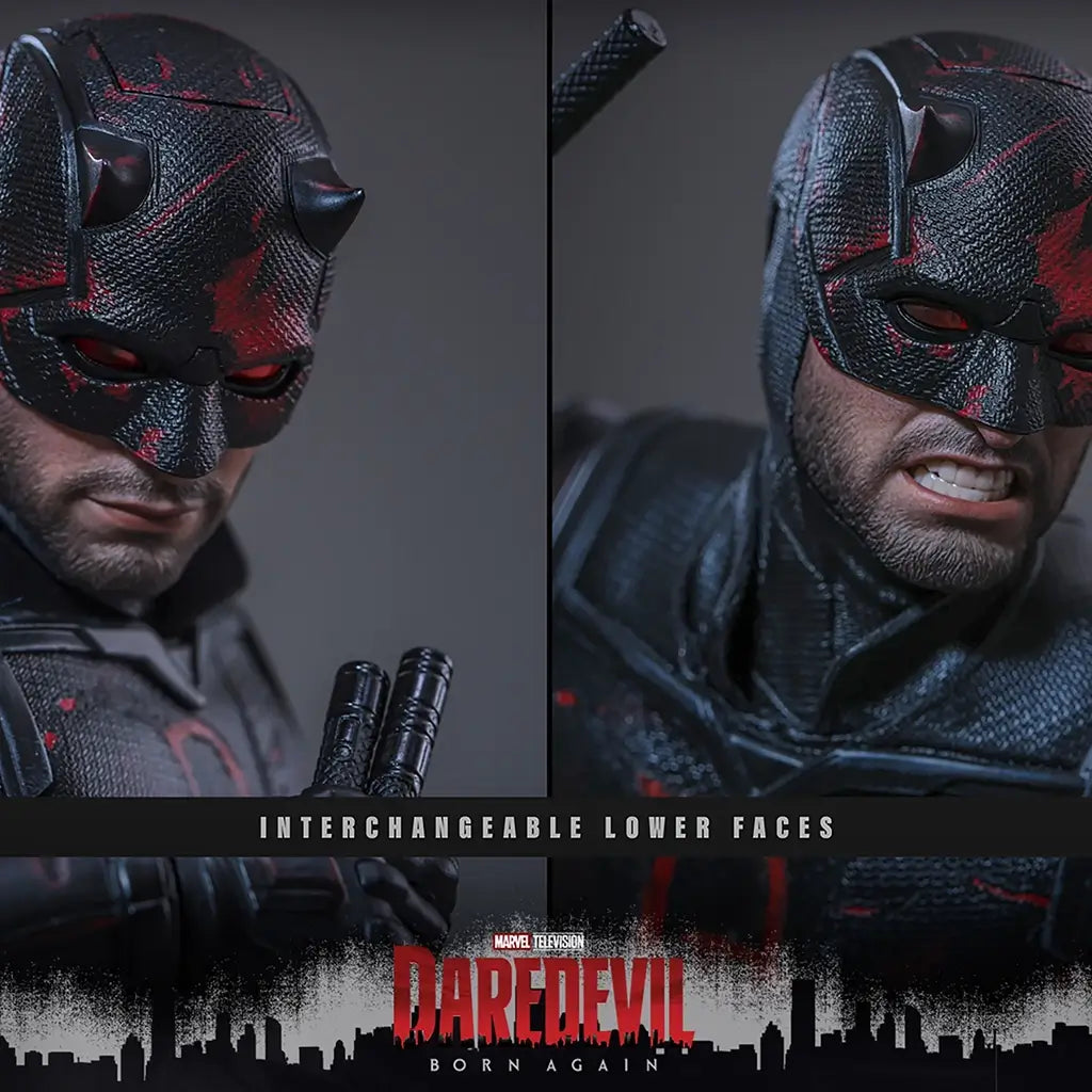 Hot Toys Marvel sixth-scale figure face options show two black textured horned mask portraits with red lenses and alternate lower-face expressions on a gray background.