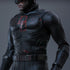 Hot Toys Marvel sixth-scale figure suit close-up shows black textured fabric and molded armor, weathered red chest emblem, utility belt and protective forearm guards.