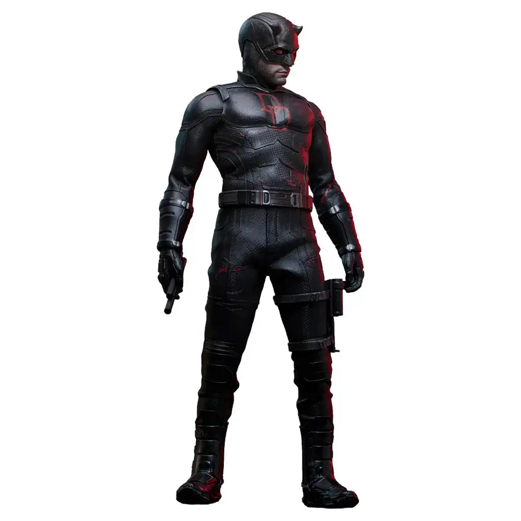 Hot Toys Marvel sixth-scale figure in black textured armor with weathered red accents, horned mask, utility belt, boots and baton stands against a dark red graphic backdrop.