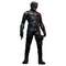Hot Toys Marvel sixth-scale figure in black textured armor with weathered red accents, horned mask, utility belt, boots and baton stands against a dark red graphic backdrop.