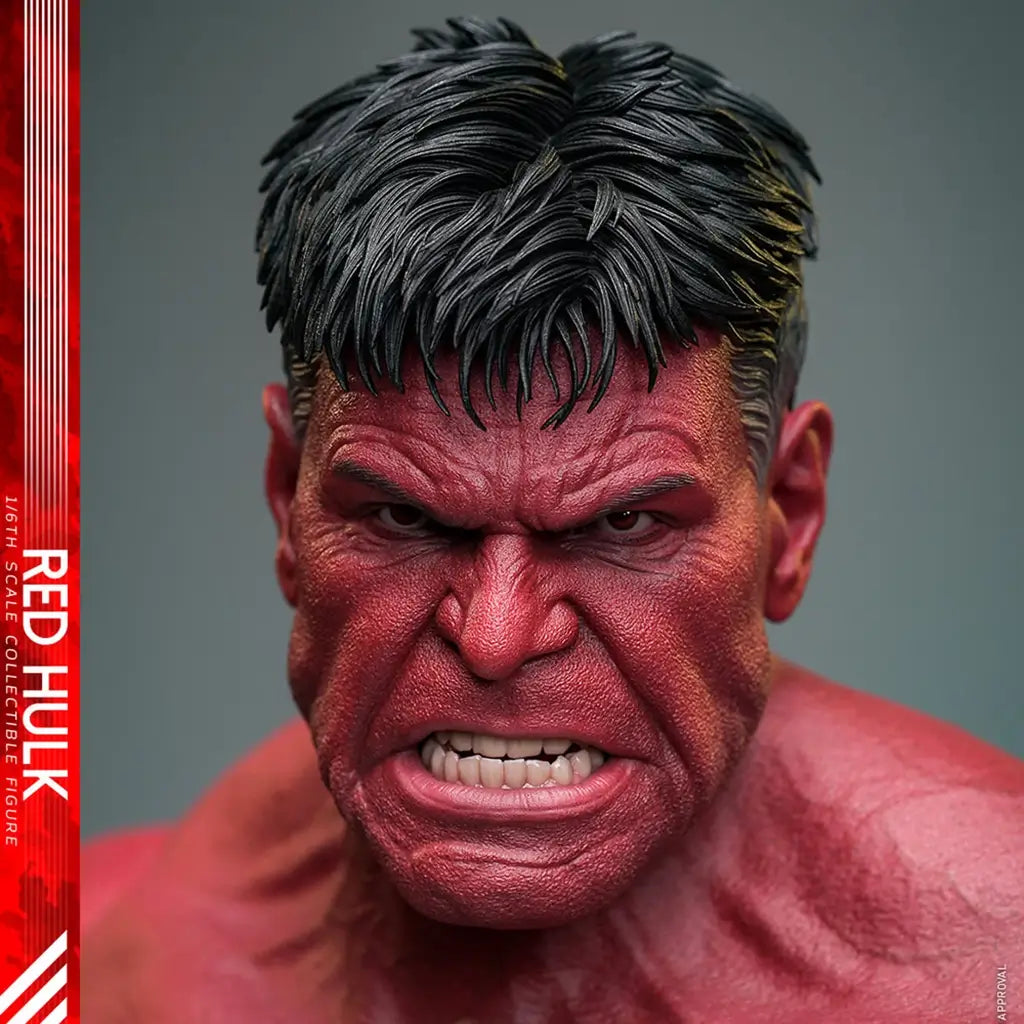 Red Hulk Hot Toys head sculpt features textured red skin, sculpted black hair, a square face, furrowed brows, and clenched teeth in an angry expression against a gray background.