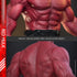 Red Hulk Hot Toys body detail shows textured red skin, a sculpted muscular chest, abs, broad back, and shoulders above black pants, displayed against dark studio backgrounds.
