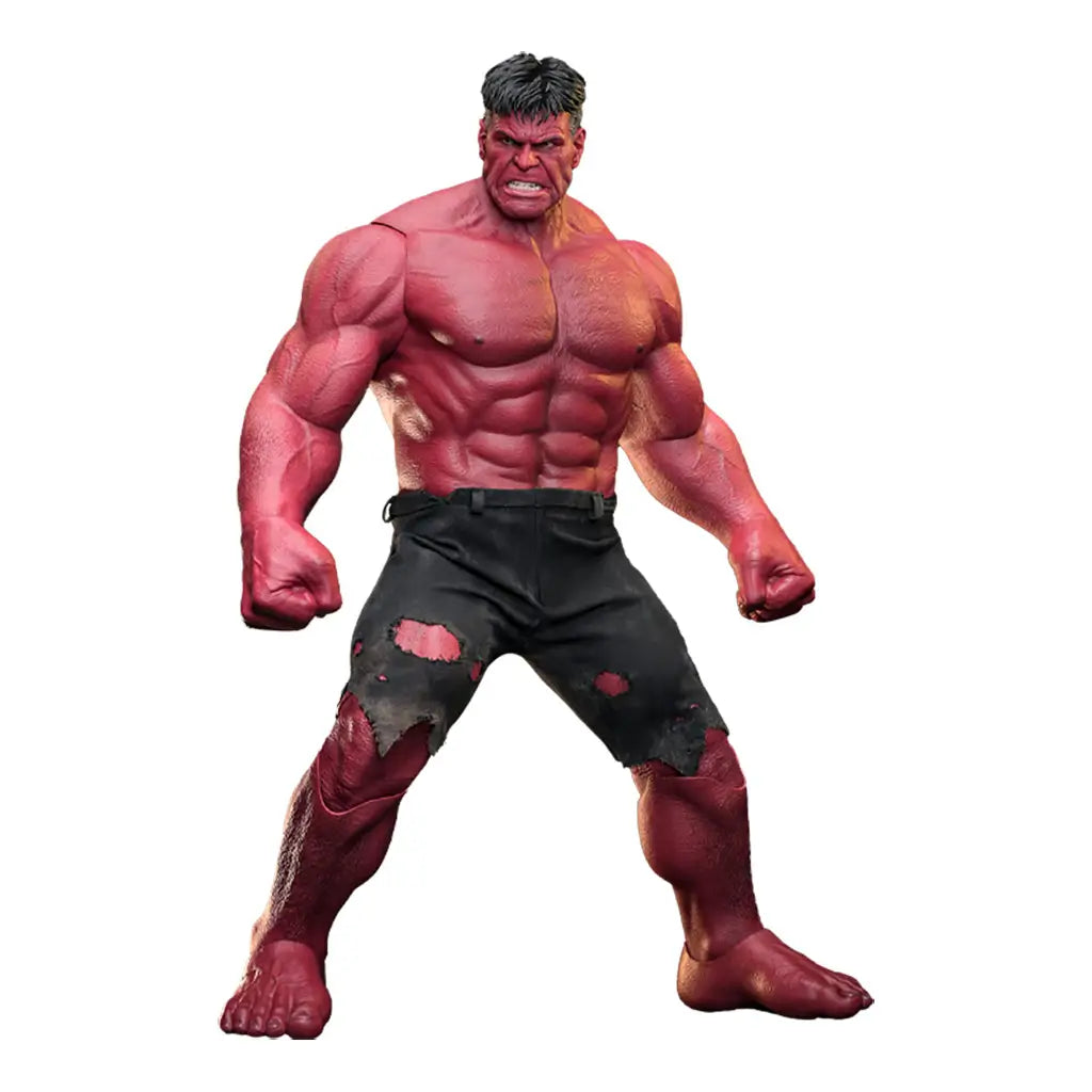 Red Hulk sixth scale figure by Hot Toys features textured red skin, a massive muscular form, black torn shorts, clenched fists, and black hair against a clean white background.