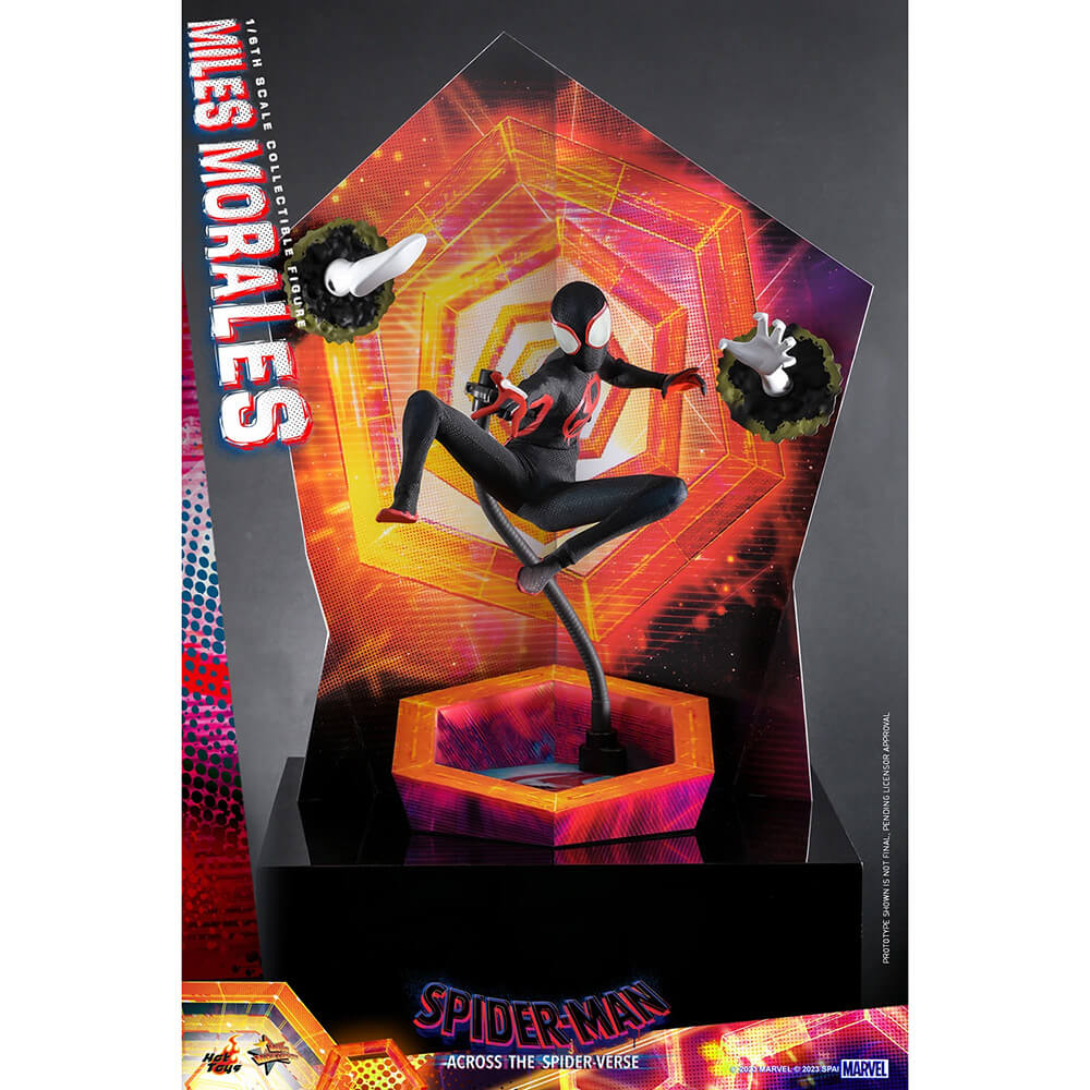 Miles Morales figure is webslinging through dimensions with the included diorama.