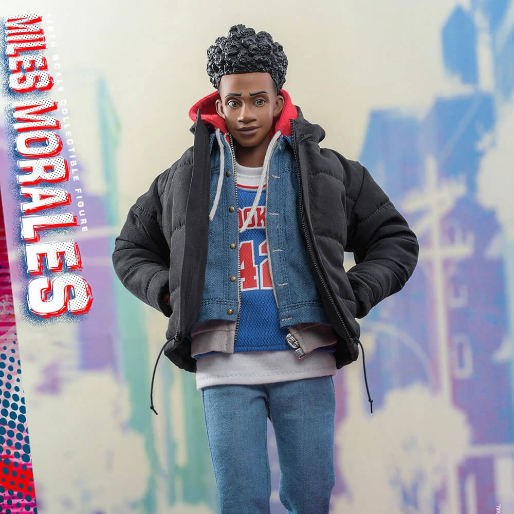 Miles Morales not dressed in his Spider-Man costume. Instead, he is wearing jeans and a jean jacket.