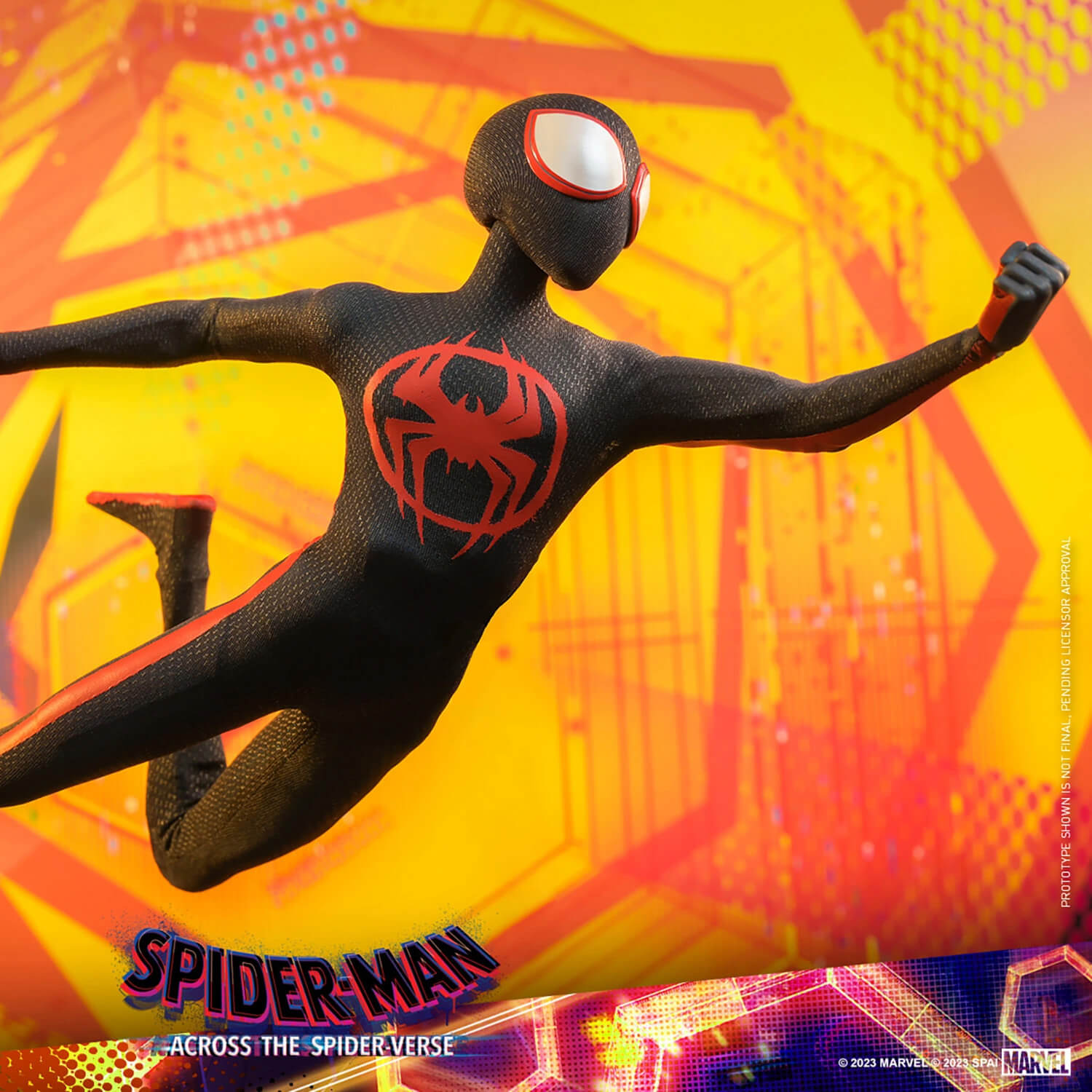 Miles Morales dressed as Spider-Man is webslinging with a yellow/orange background.