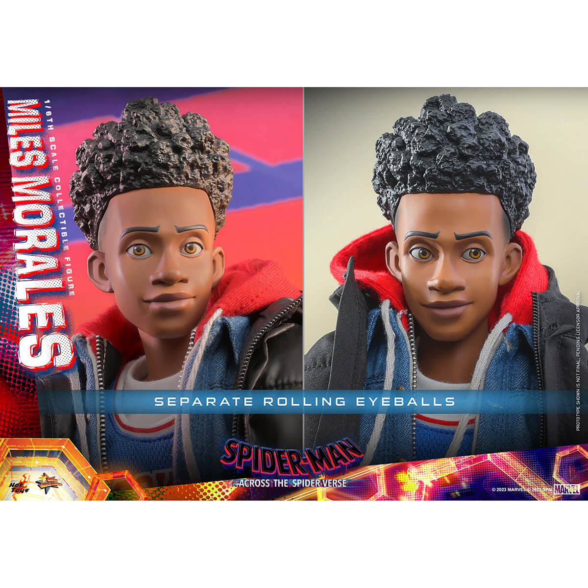 The Hot Toys Miles Morales Sixth Scale Figure features separate rolling eyeballs.
