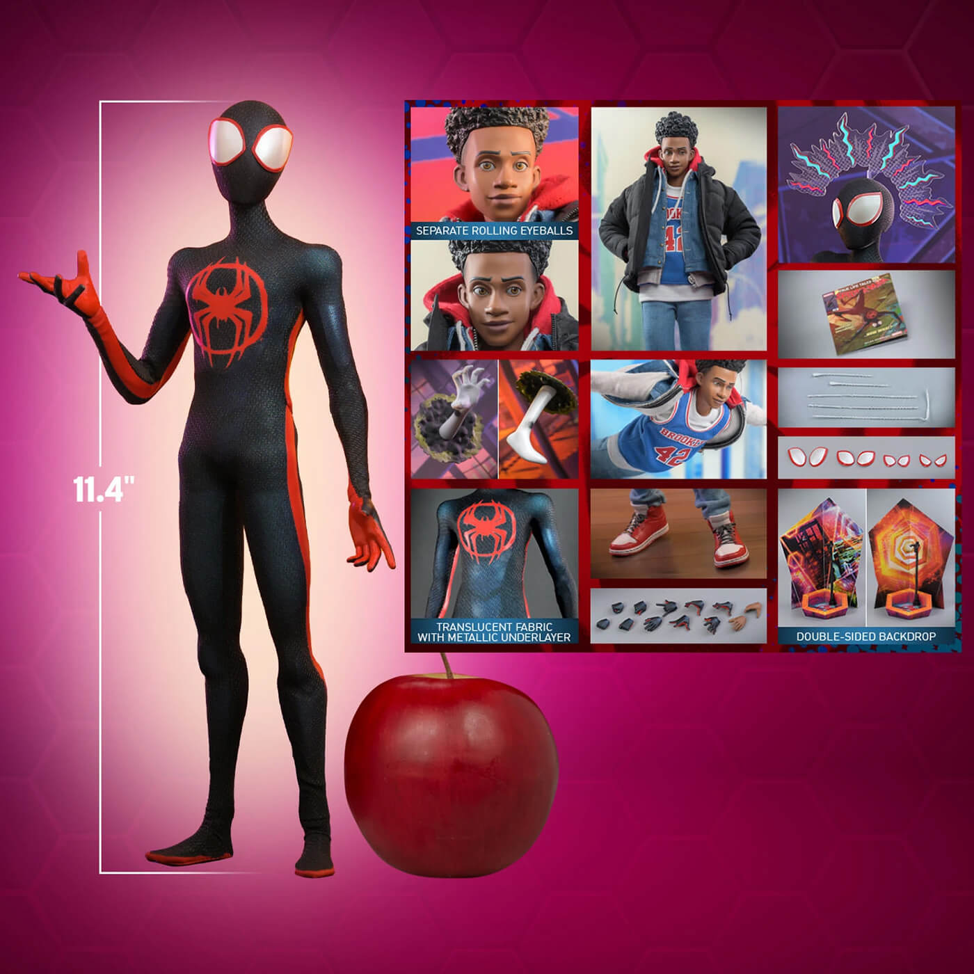 The Miles Morales figure is 11.4 inches tall (or 29cm), which is shown next to an apple to give an idea of height. Accessories and features are also highlighted.