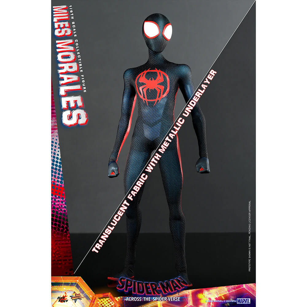 This Miles Morales figure features translucent fabric with metallic underlayer.