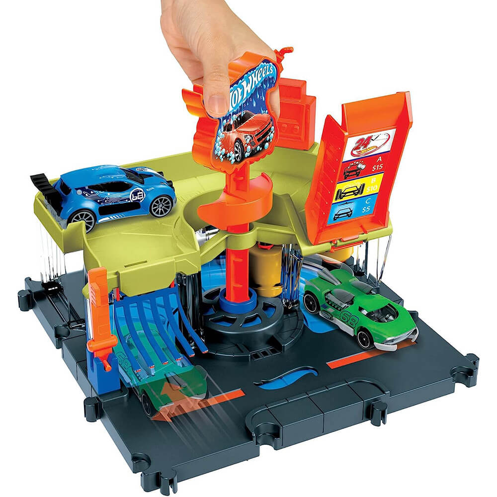 Hot Wheels City Car Wash Playset with hand moving cars