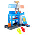 Hot Wheels City Downtown Police Tower shown from a left angle, blue molded plastic structure with orange slide ramp, opening jail door, rotating top platforms, and small police car exiting the base.