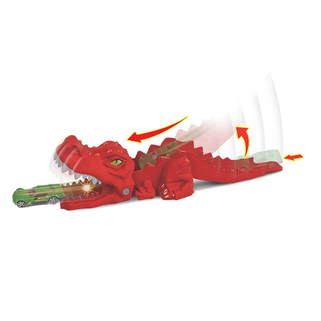 Hot Wheels City Nemesis Dino Launcher in action with a green toy car shooting from the dinosaur’s wide mouth, illustrated motion arrows showing car-stunt launching mechanism.
