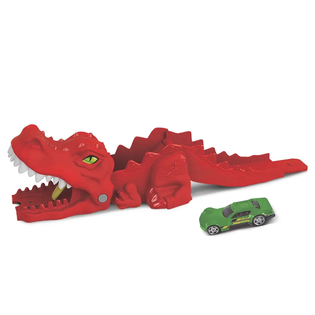 Hot Wheels City Nemesis Dino Launcher features a bright red dinosaur-shaped plastic car launcher with sharp white teeth and a green toy car beside it, set against a plain background.