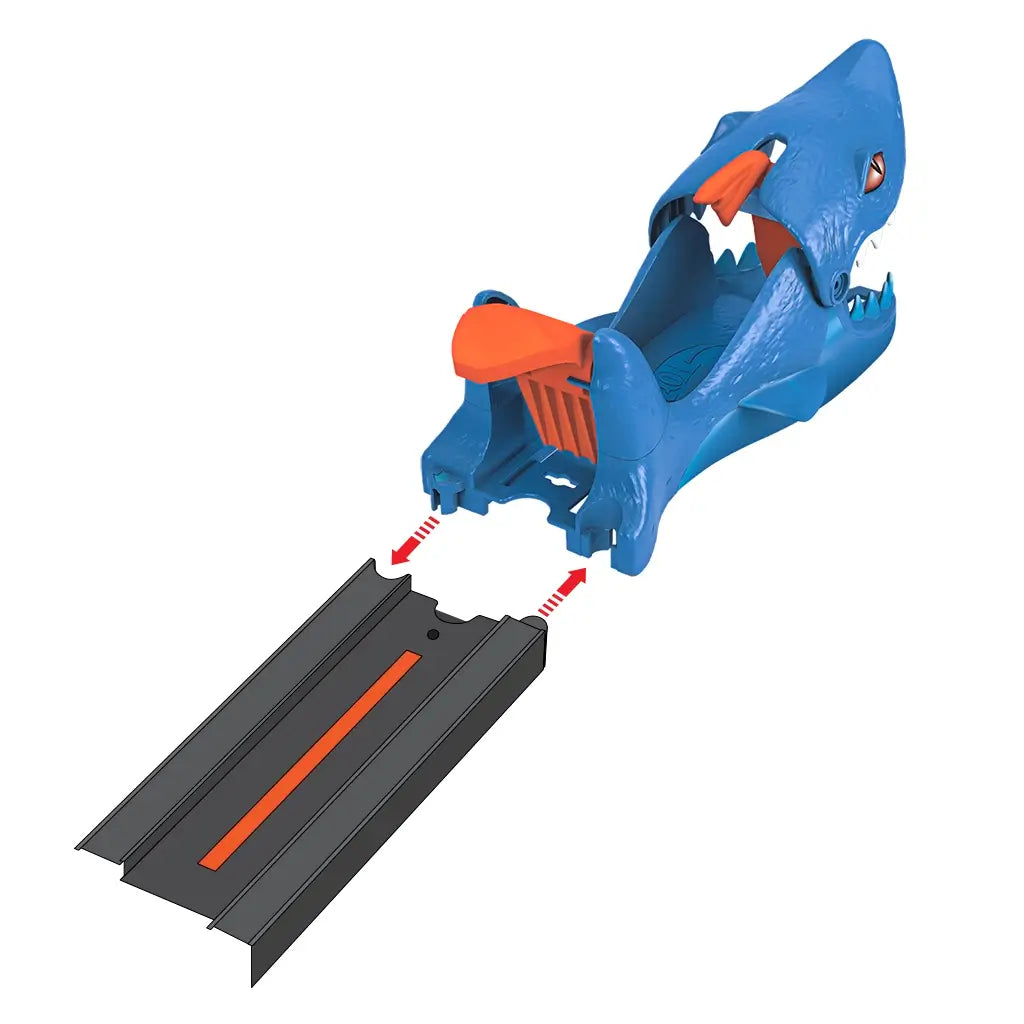 Hot Wheels City Nemesis Shark Launcher toy showing blue shark-shaped launcher with orange lever, designed to connect with black and orange track pieces for racing action.
