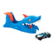 Hot Wheels City Nemesis Shark Launcher toy with blue shark-shaped design, orange fins, wide white teeth, and included black police-themed die-cast car with blue accents.