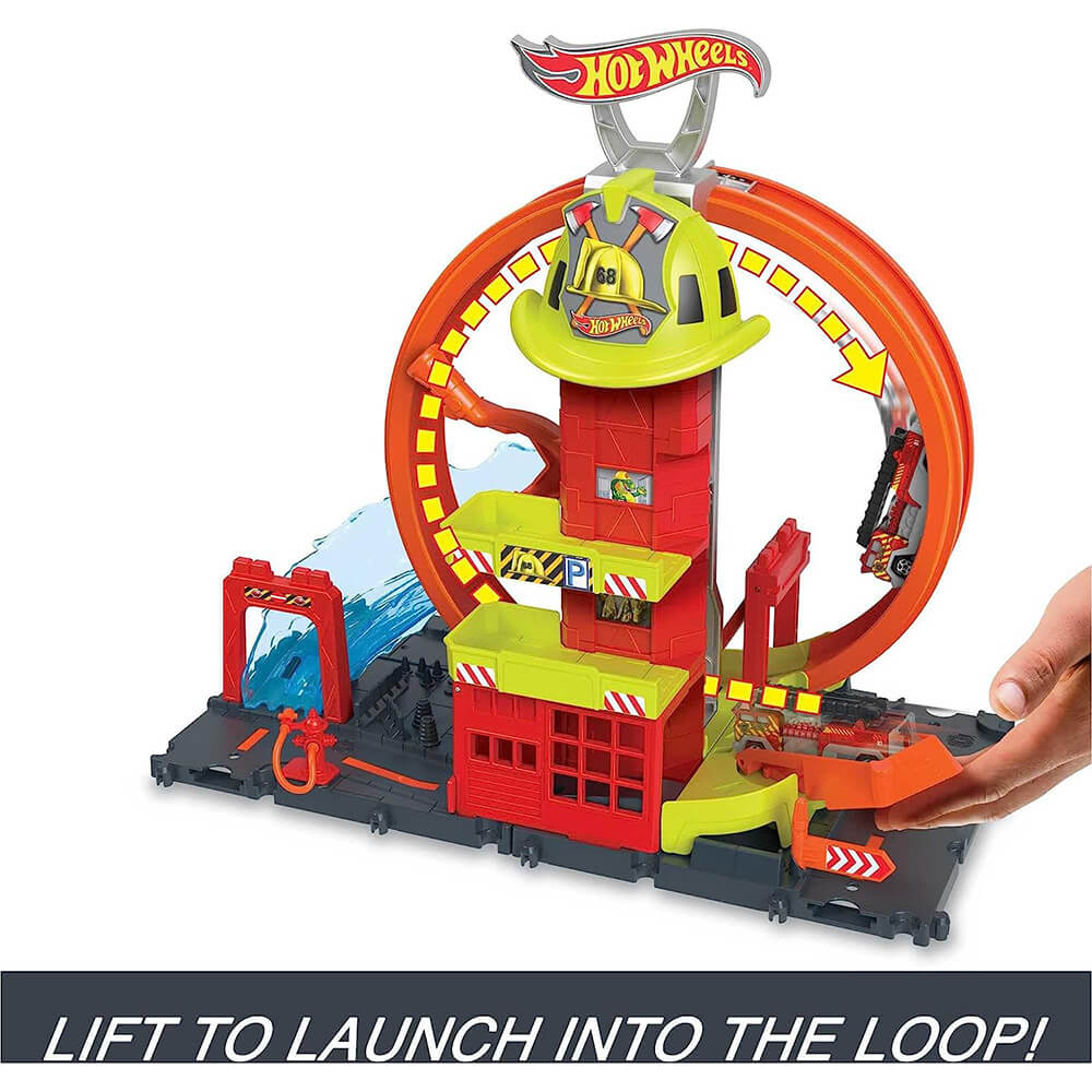 lift to launch into the loop of the Hot Wheels City Super Loop Fire Station