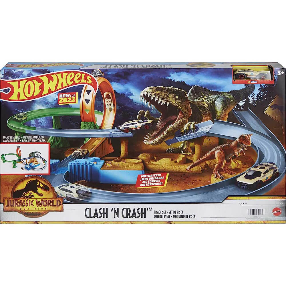 Hot Wheels Jurassic World Clash 'n Crash Track Set package