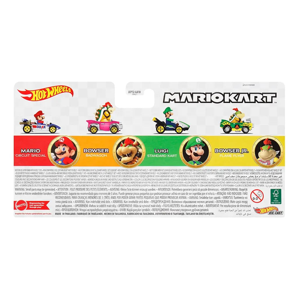 Hot Wheels Mario Kart 1:64 scale die-cast toy car 4-pack packaging back showing Mario in blue Circuit Special, Bowser in pink Badwagon, Luigi in green Standard Kart, and Bowser Jr. in yellow Flame Flyer.