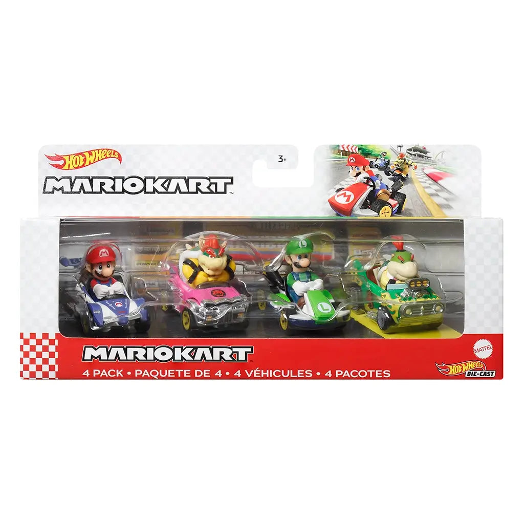 Hot Wheels Mario Kart 1:64 scale 4-pack boxed set with die-cast cars featuring Mario in blue kart, Bowser in pink kart, Luigi in green kart, and Bowser Jr. in yellow kart inside clear display window.