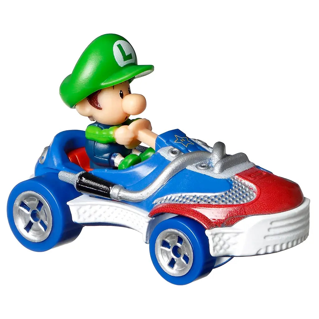 Hot Wheels Mario Kart Baby Luigi Sneeker shown in blue, green, red, and silver plastic, angled to highlight the molded Baby Luigi figure, curved Sneeker kart shell, steering grip, metallic details, and compact racing design on white.