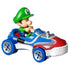 Hot Wheels Mario Kart Baby Luigi Sneeker shown in blue, green, red, and silver plastic, angled to highlight the molded Baby Luigi figure, curved Sneeker kart shell, steering grip, metallic details, and compact racing design on white.