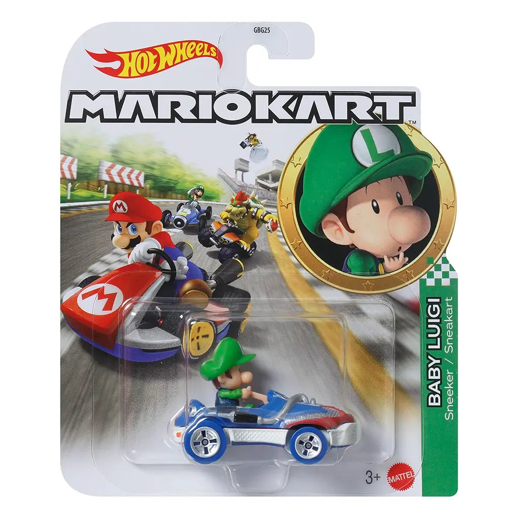 Hot Wheels Mario Kart Baby Luigi Sneeker retail packaging with clear blister, displaying the blue and red Sneeker kart toy, Mario Kart racing artwork, Baby Luigi portrait medallion, Hot Wheels branding, and carded front display.