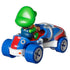 Hot Wheels Mario Kart Baby Luigi Sneeker rear angled view in blue, silver, red, and white plastic, showing the rounded rear body, smooth wheel hubs, molded seat details, and compact Sneeker kart form against a bright white backdrop.