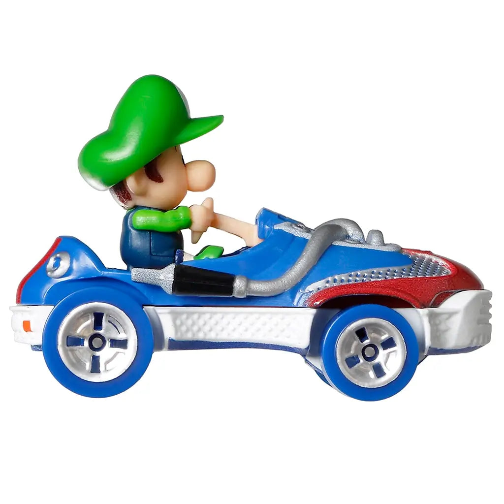 Hot Wheels Mario Kart Baby Luigi Sneeker side profile in blue, green, red, and silver plastic, showing the elongated Sneeker shape, seated Baby Luigi figure, smooth rolling wheels, and low-profile racing stance on a white background.