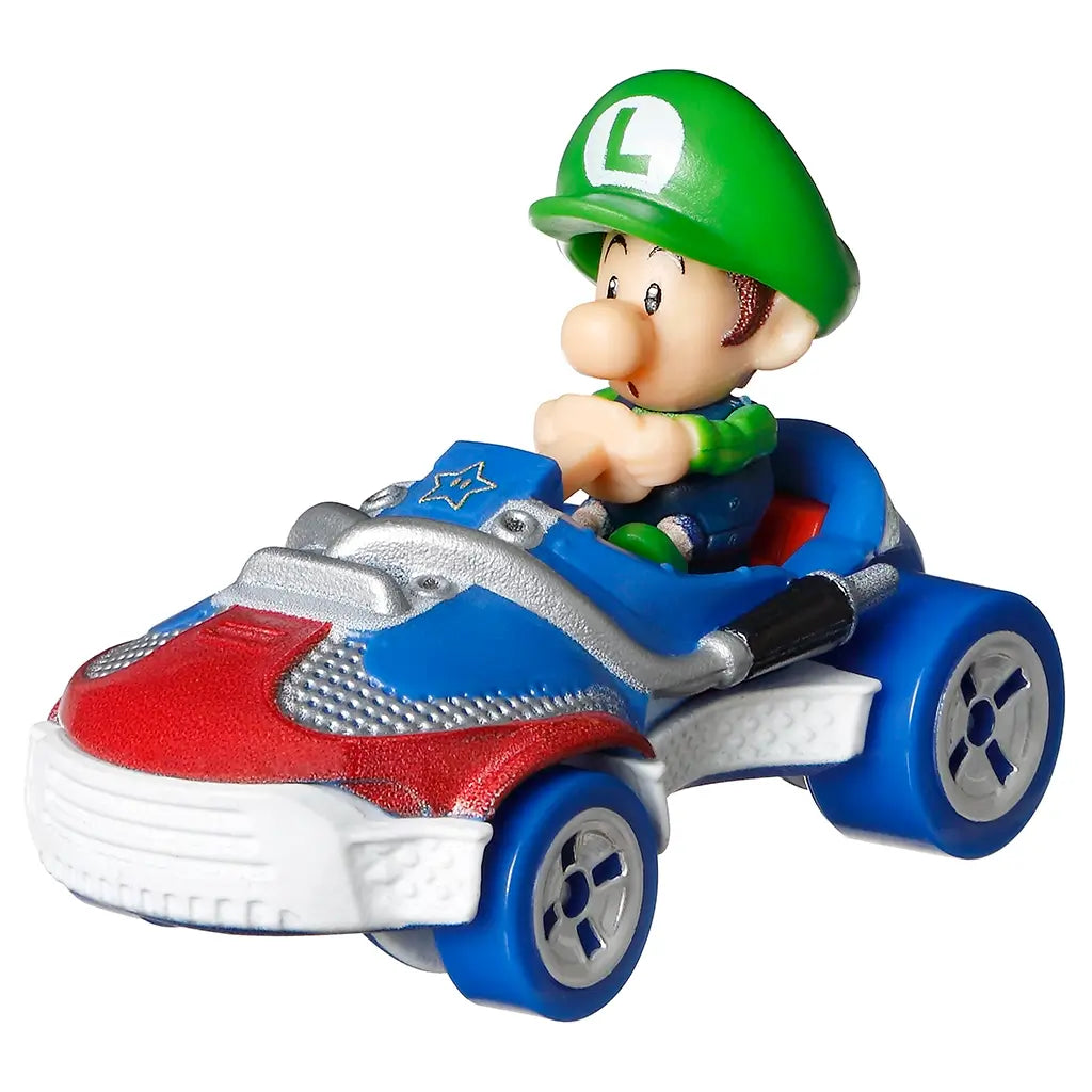 Hot Wheels Mario Kart Baby Luigi Sneeker kart toy in blue, green, red, silver, and white textured plastic, featuring Baby Luigi seated at the wheel, rounded Sneeker body, metallic accents, and smooth racing wheels on a clean white background.