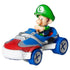 Hot Wheels Mario Kart Baby Luigi Sneeker kart toy in blue, green, red, silver, and white textured plastic, featuring Baby Luigi seated at the wheel, rounded Sneeker body, metallic accents, and smooth racing wheels on a clean white background.