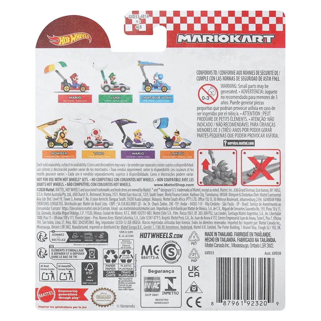 Back of Hot Wheels Mario Kart packaging showing multiple characters including Mario, Luigi, Yoshi, Toad, Wario, and Bowser, with product details, logos, and safety warnings.