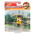 Packaged Hot Wheels Mario Kart Bowser diecast toy showing Bowser in yellow kart with kite glider, inside clear blister pack with Mario Kart themed background and branding.