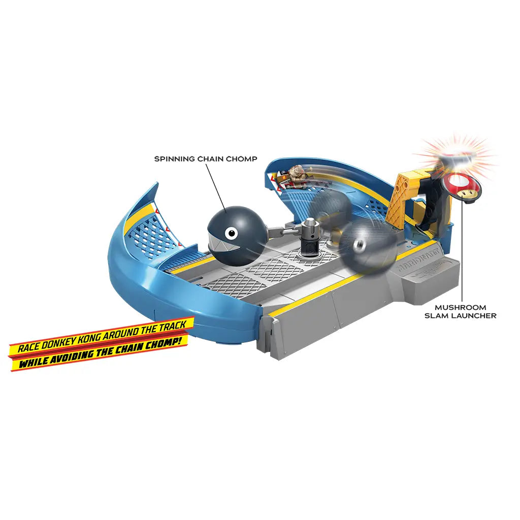 Hot Wheels Mario Kart Chain Chomp Track Set with blue and gray plastic track, spinning black Chain Chomp obstacle, and yellow Mushroom Slam Launcher for racing Donkey Kong.