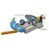 Hot Wheels Mario Kart Chain Chomp Track Set with blue and gray plastic track, spinning black Chain Chomp obstacle, and yellow Mushroom Slam Launcher for racing Donkey Kong.