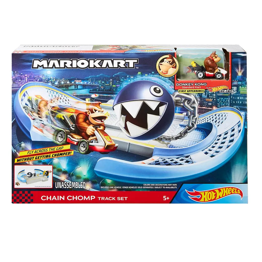Front packaging of Hot Wheels Mario Kart Chain Chomp Track Set featuring Donkey Kong in red kart racing across blue track while avoiding large Chain Chomp under city night scene.