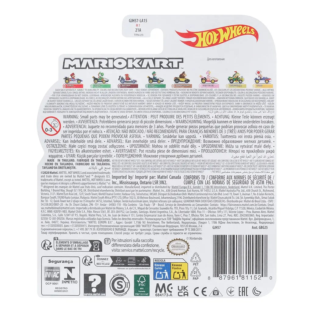 Hot Wheels Mario Kart toy packaging back showing multilingual warnings, Hot Wheels logo, Mario Kart branding, and small character vehicle illustrations at the top.