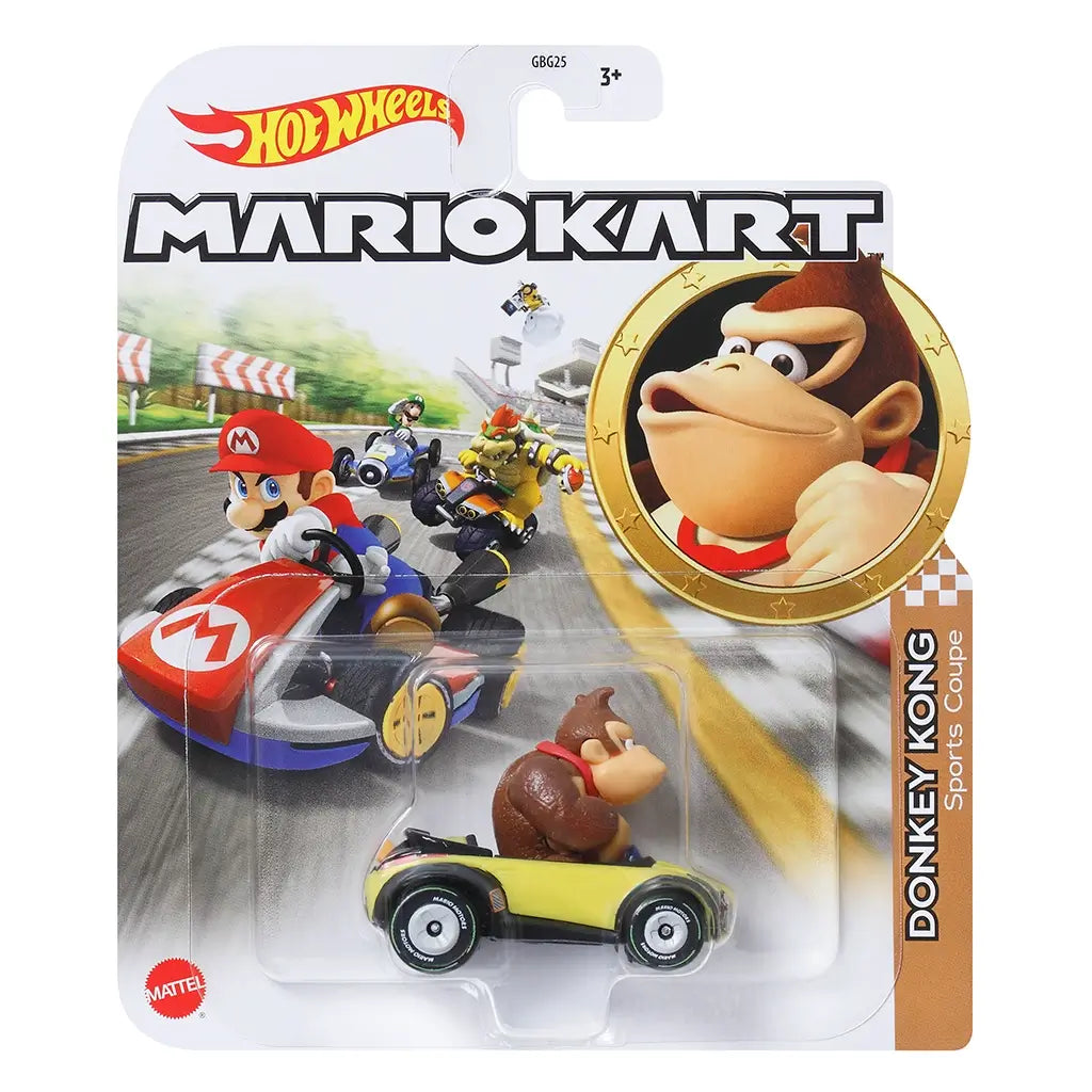 Hot Wheels Mario Kart Donkey Kong Sports Coupe packaging with Donkey Kong figure in yellow car, Mario racing graphic background, and Mattel branding on bottom corner.