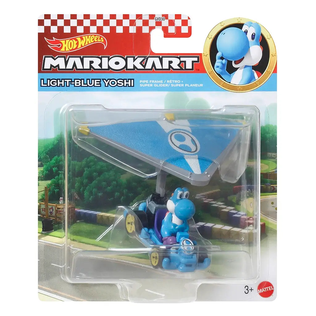 Front packaging of Hot Wheels Mario Kart Light-Blue Yoshi shows Yoshi in a diecast kart with blue super glider, sealed in a clear blister pack with colorful racetrack background and Hot Wheels branding.
