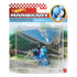 Front packaging of Hot Wheels Mario Kart Light-Blue Yoshi shows Yoshi in a diecast kart with blue super glider, sealed in a clear blister pack with colorful racetrack background and Hot Wheels branding.