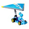 Hot Wheels Light-Blue Yoshi Mario Kart diecast car with blue kart body, purple seat, yellow wheels, and silver super glider wing, designed for collectors and fans of Nintendo’s racing franchise.