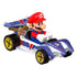 Angled view of Hot Wheels Mario Kart diecast toy showing Mario driving a white and blue Circuit Special kart with bold red BB/A logos and gold-accented Mushroom Piston engine.