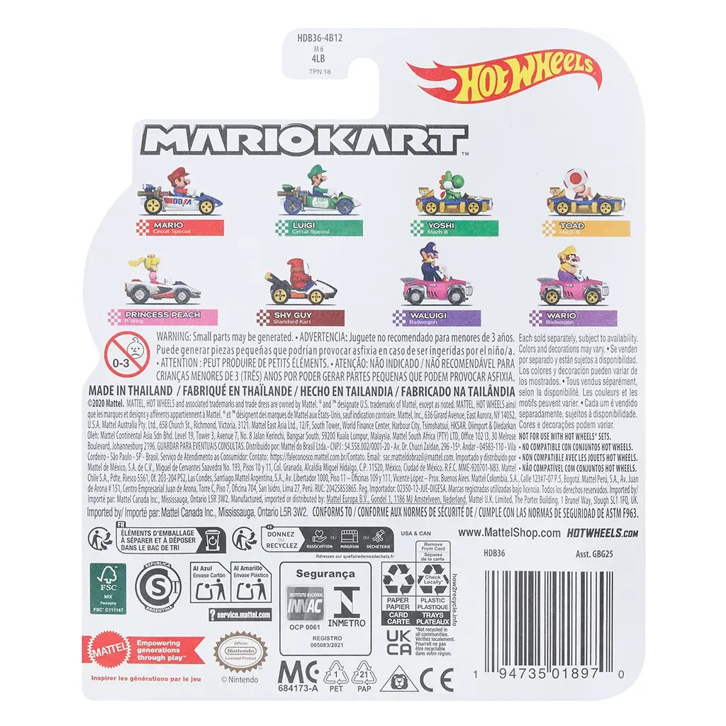 Hot Wheels Mario Kart toy packaging back showing multiple diecast racers including Mario, Luigi, Yoshi, Princess Peach, and more, with multilingual safety warnings and logos.