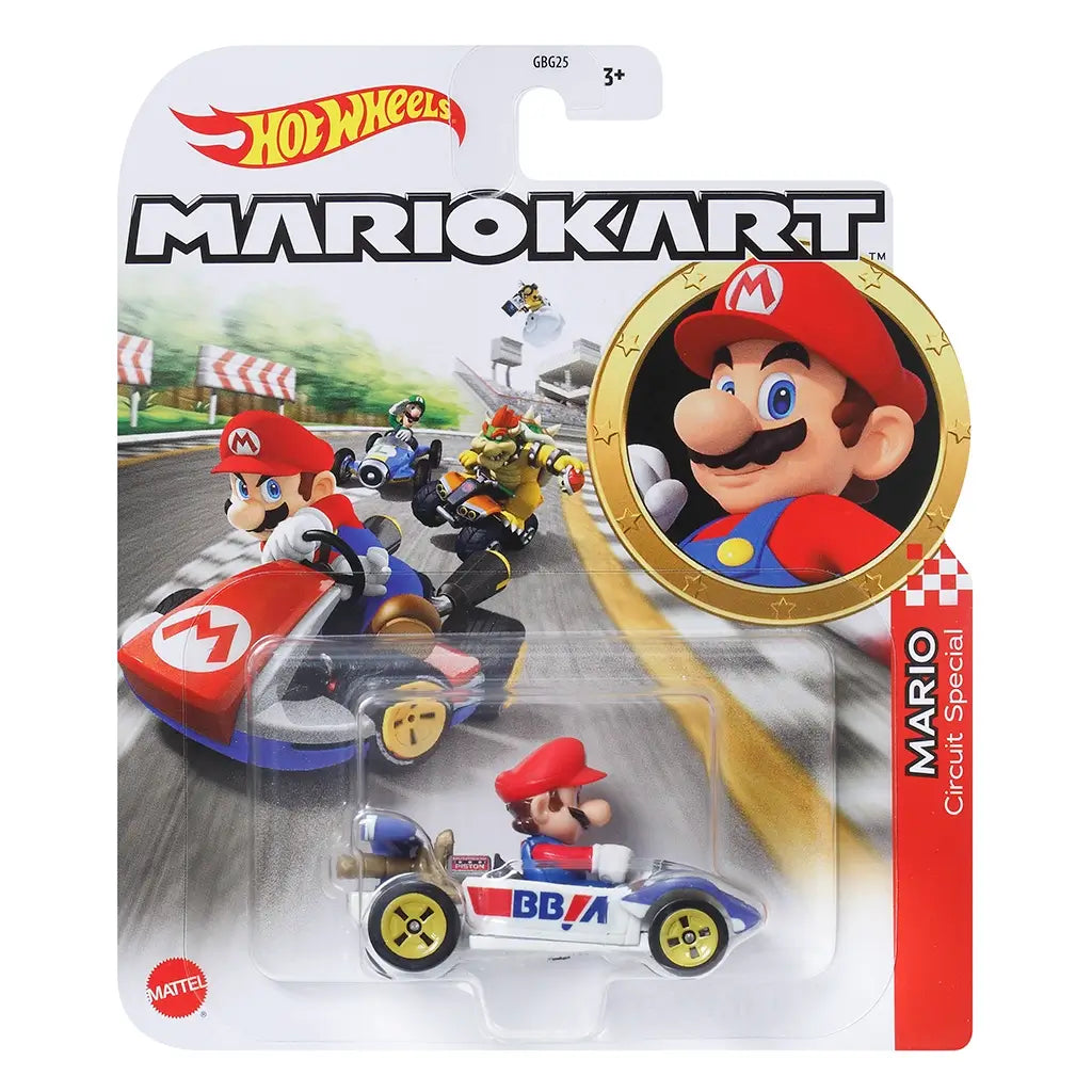 Hot Wheels Mario Kart toy package front showing Mario in a blue and white Circuit Special kart with yellow wheels, set against a racing track background with Bowser and Luigi.